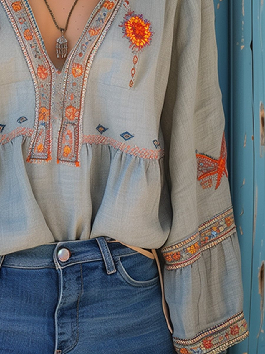 Estilosa Blusa Boho para Mujer Escote-en-V Con-Bordado Fluida
