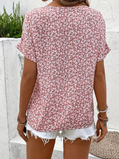 Estilosa Blusa Floral para Mujer Abotonada Manga-Corta Fluida