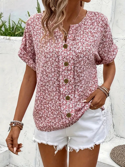Estilosa Blusa Floral para Mujer Abotonada Manga-Corta Fluida