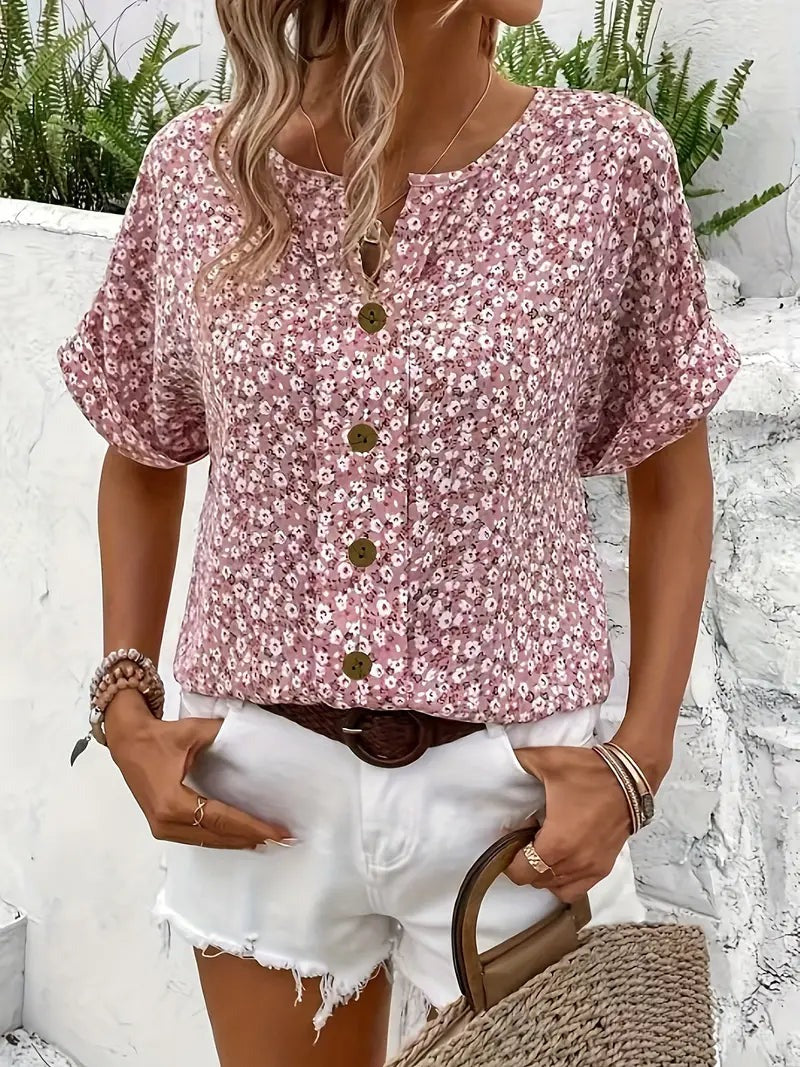 Estilosa Blusa Floral para Mujer Abotonada Manga-Corta Fluida
