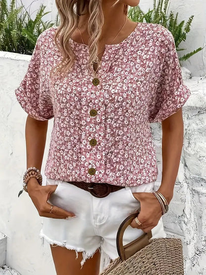 Estilosa Blusa Floral para Mujer Abotonada Manga-Corta Fluida