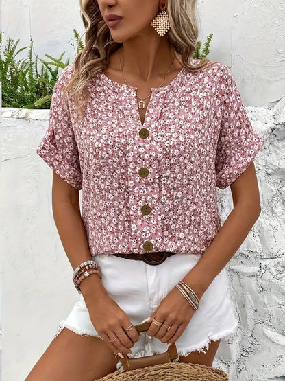 Estilosa Blusa Floral para Mujer Abotonada Manga-Corta Fluida