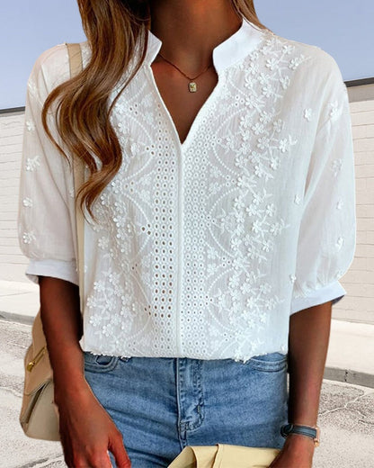 Estilosa Blusa para Mujer Escote-en-V Manga-Abullonada Con-Bordado