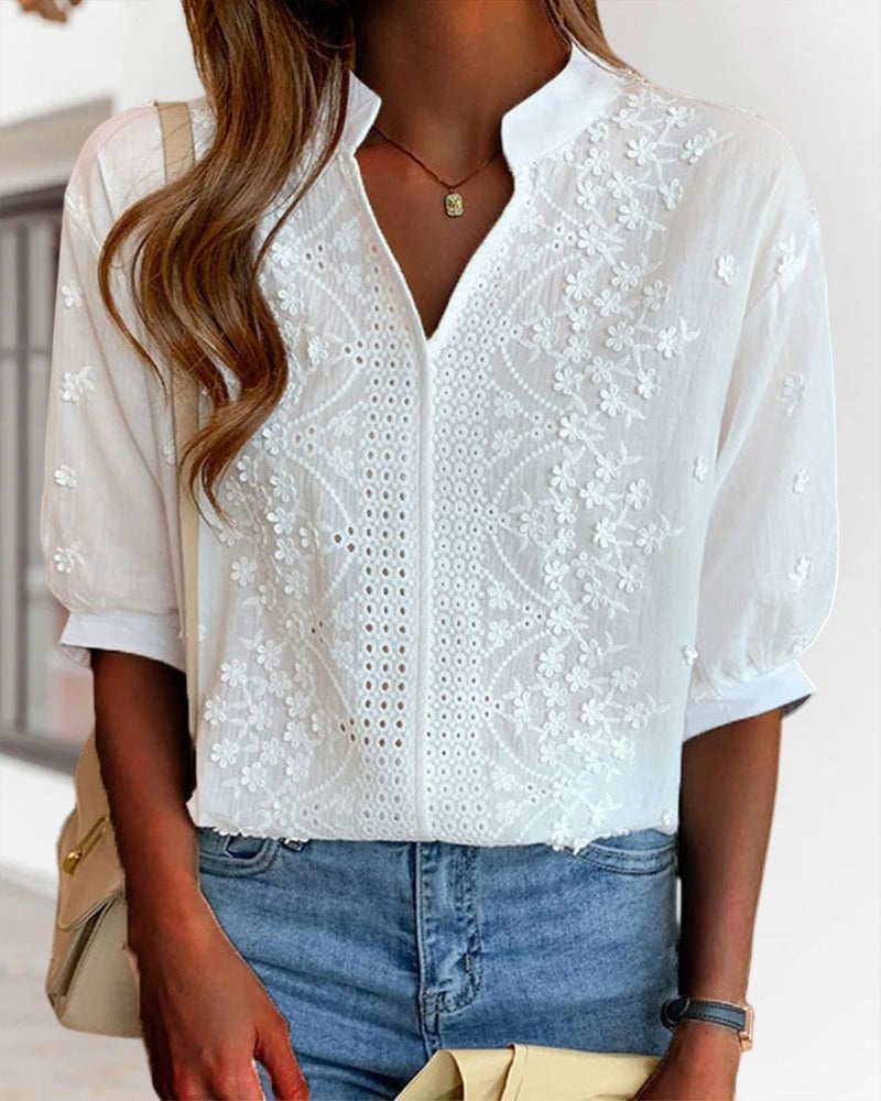 Estilosa Blusa para Mujer Escote-en-V Manga-Abullonada Con-Bordado