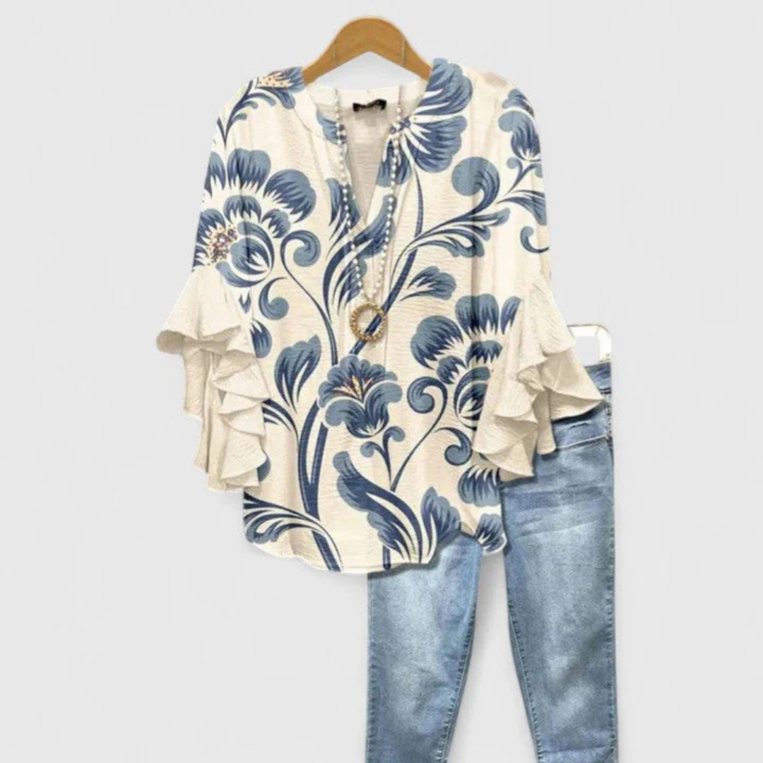Estilosa Blusa para Mujer Estampado-Floral Manga-Con-Volantes Corte-Holgado