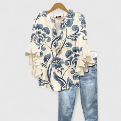 Estilosa Blusa para Mujer Estampado-Floral Manga-Con-Volantes Corte-Holgado