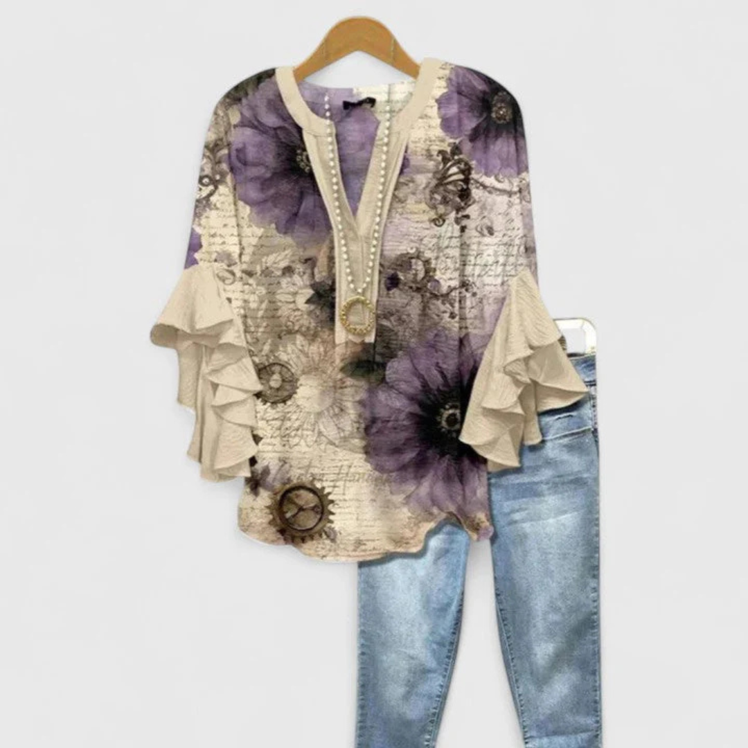 Estilosa Blusa para Mujer Estampado-Floral Manga-Con-Volantes Corte-Holgado