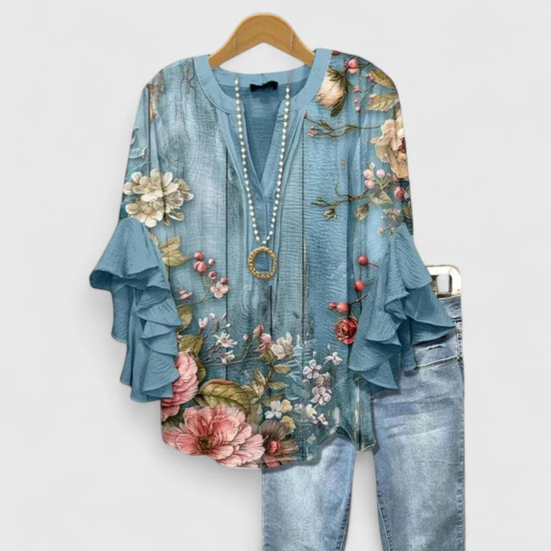 Estilosa Blusa para Mujer Estampado-Floral Manga-Con-Volantes Corte-Holgado