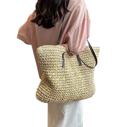 Estilosa Bolsa de Playa para Mujer Espaciosa Tejida Con-Asas-Largas