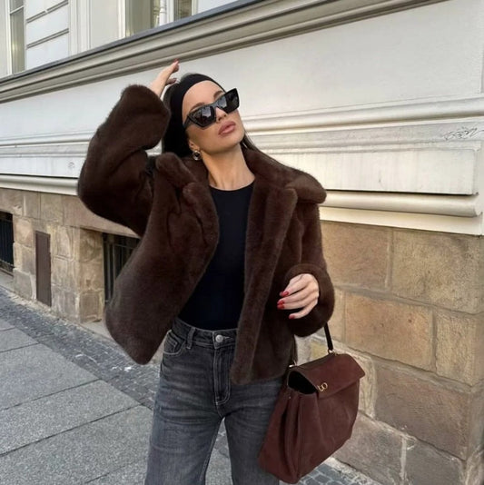 Estilosa Chaqueta de Pelo Sintético para Mujer Corta Cuello-Clásico Suave