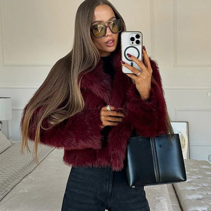 Estilosa Chaqueta de Pelo Sintético para Mujer Corta Cuello-en-V Efecto-Peluche