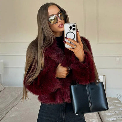 Estilosa Chaqueta de Pelo Sintético para Mujer Corta Cuello-en-V Efecto-Peluche