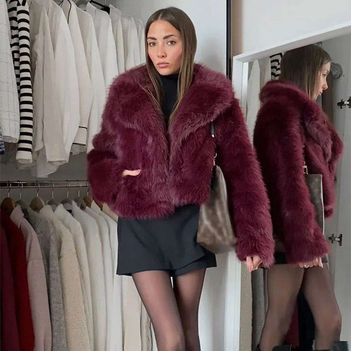 Estilosa Chaqueta de Pelo Sintético para Mujer Corta Cuello-en-V Efecto-Peluche