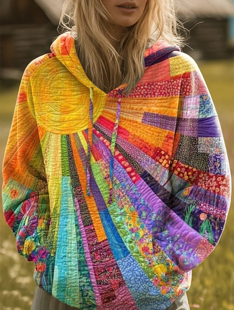 Estilosa Sudadera con Capucha para Mujer Estampado-Patchwork Estilo-Boho Con-Cordón