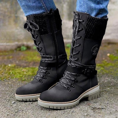 Estilosas Botas para Mujer Con-Cordones Impermeables Caña-de-Punto