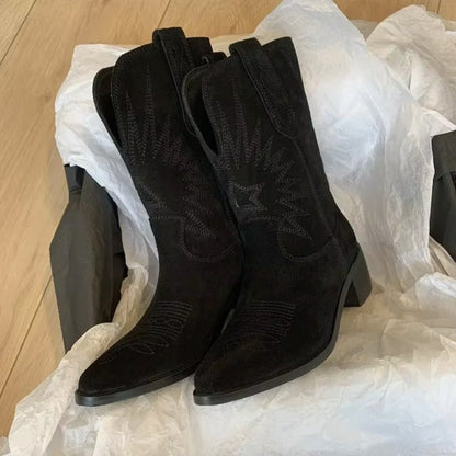 Estilosas Botas para Mujer Estilo-Vaquero Punta-Fina Bordadas