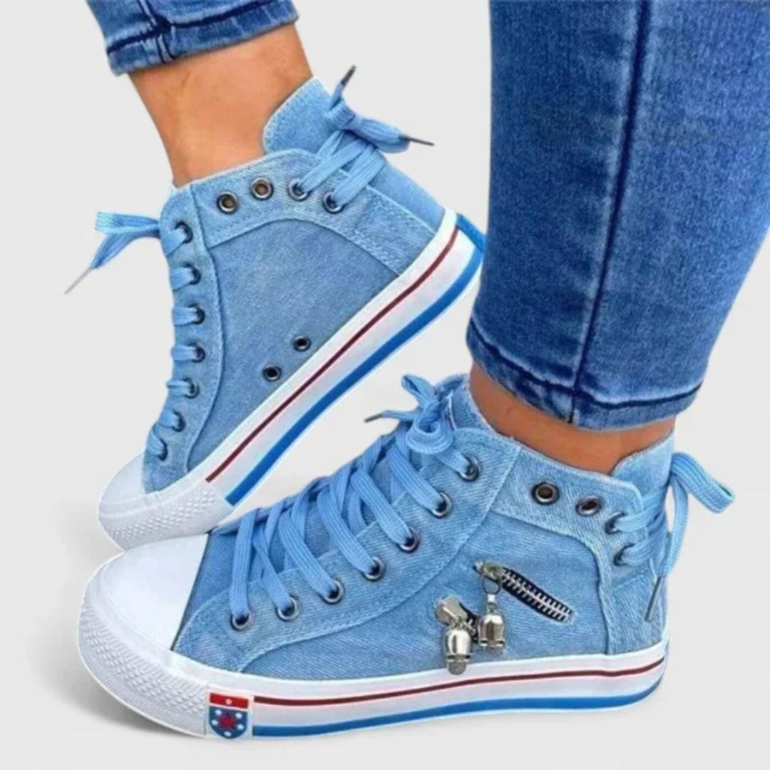 Estilosas Zapatillas para Mujer Caña-Alta Efecto-Denim Con-Cordones