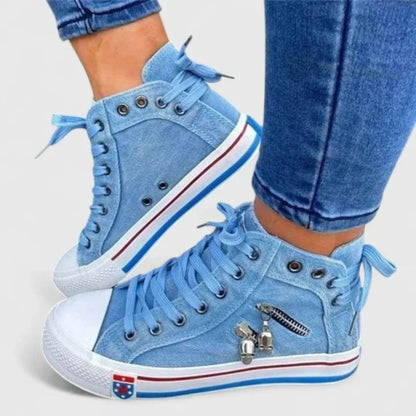 Estilosas Zapatillas para Mujer Caña-Alta Efecto-Denim Con-Cordones