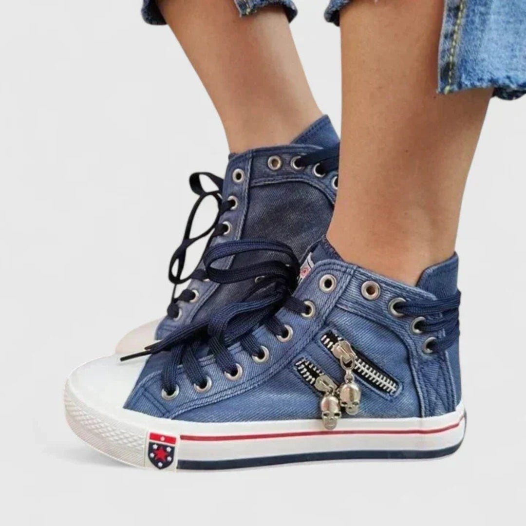 Estilosas Zapatillas para Mujer Caña-Alta Efecto-Denim Con-Cordones