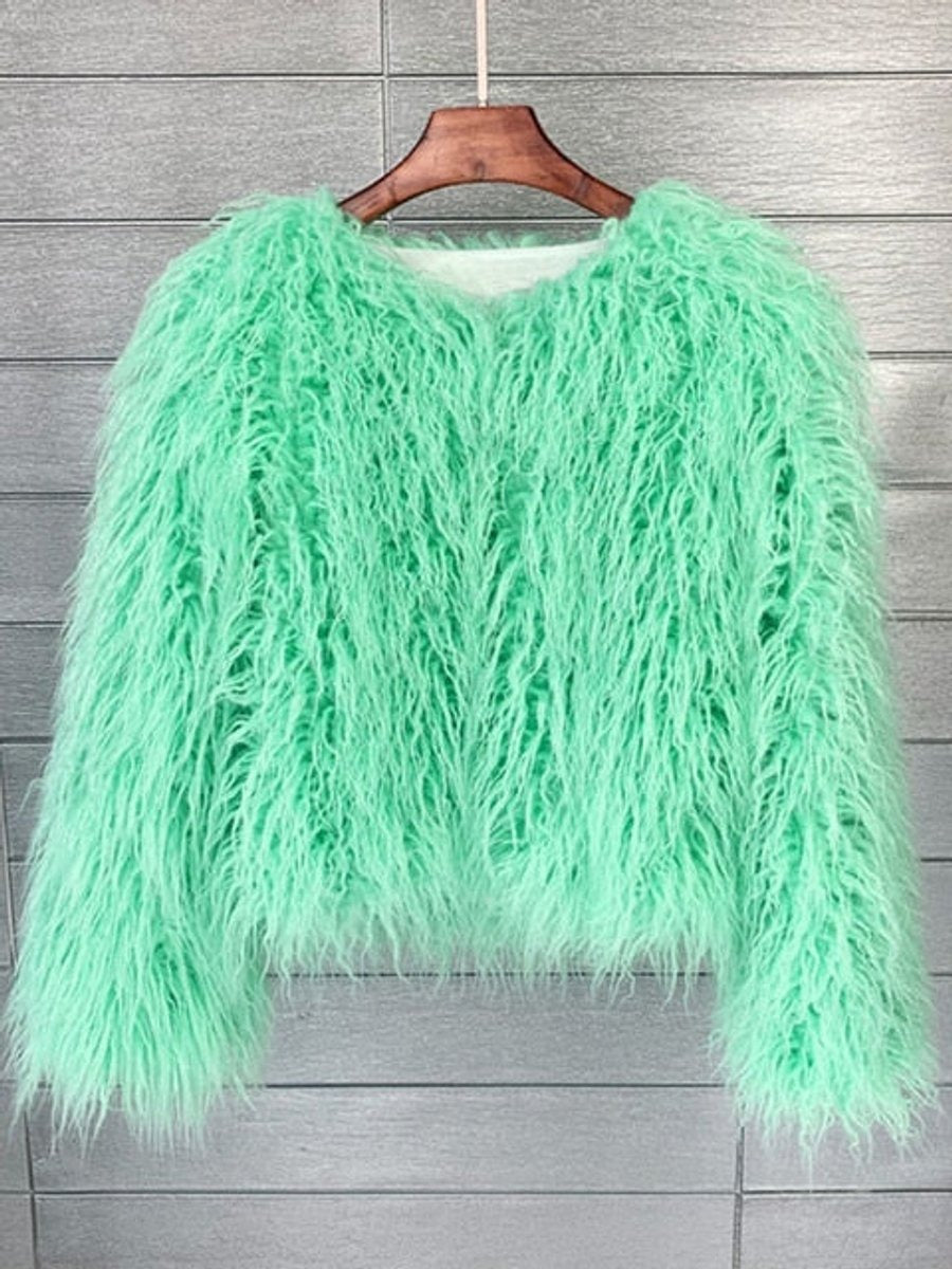 Estiloso Abrigo de Pelo Sintético para Mujer Corto Efecto-Peluche Pelo-Largo