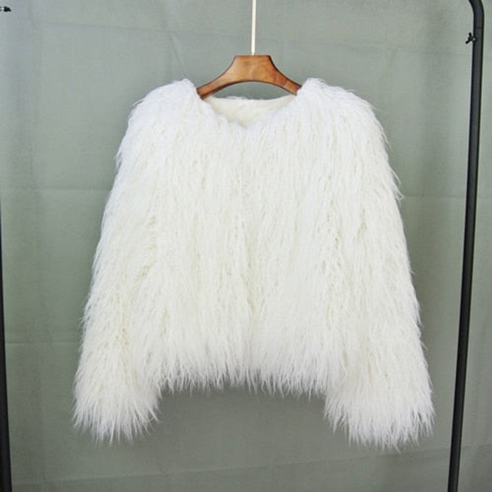 Estiloso Abrigo de Pelo Sintético para Mujer Corto Efecto-Peluche Pelo-Largo