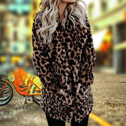 Estiloso Abrigo de Pelo Sintético para Mujer Estampado-Leopardo Efecto-Peluche Cuello-Solapa
