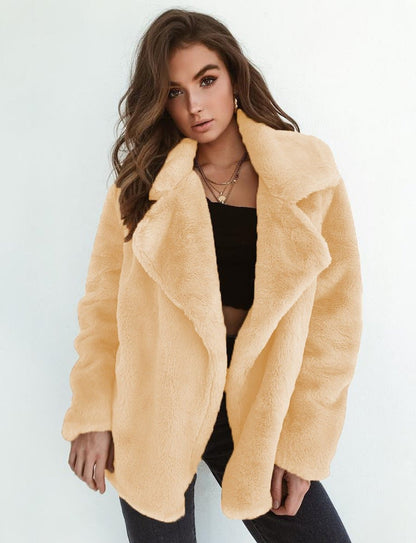 Estiloso Abrigo de Pelo Sintético para Mujer Oversize Corto Cuello-Solapa