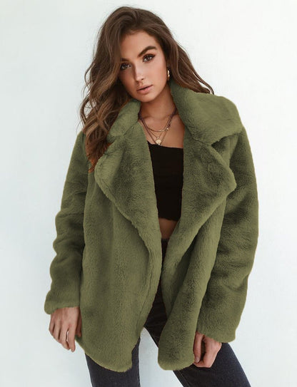Estiloso Abrigo de Pelo Sintético para Mujer Oversize Corto Cuello-Solapa