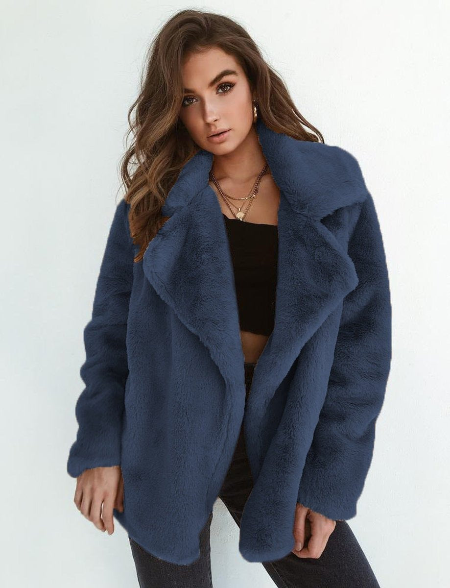 Estiloso Abrigo de Pelo Sintético para Mujer Oversize Corto Cuello-Solapa
