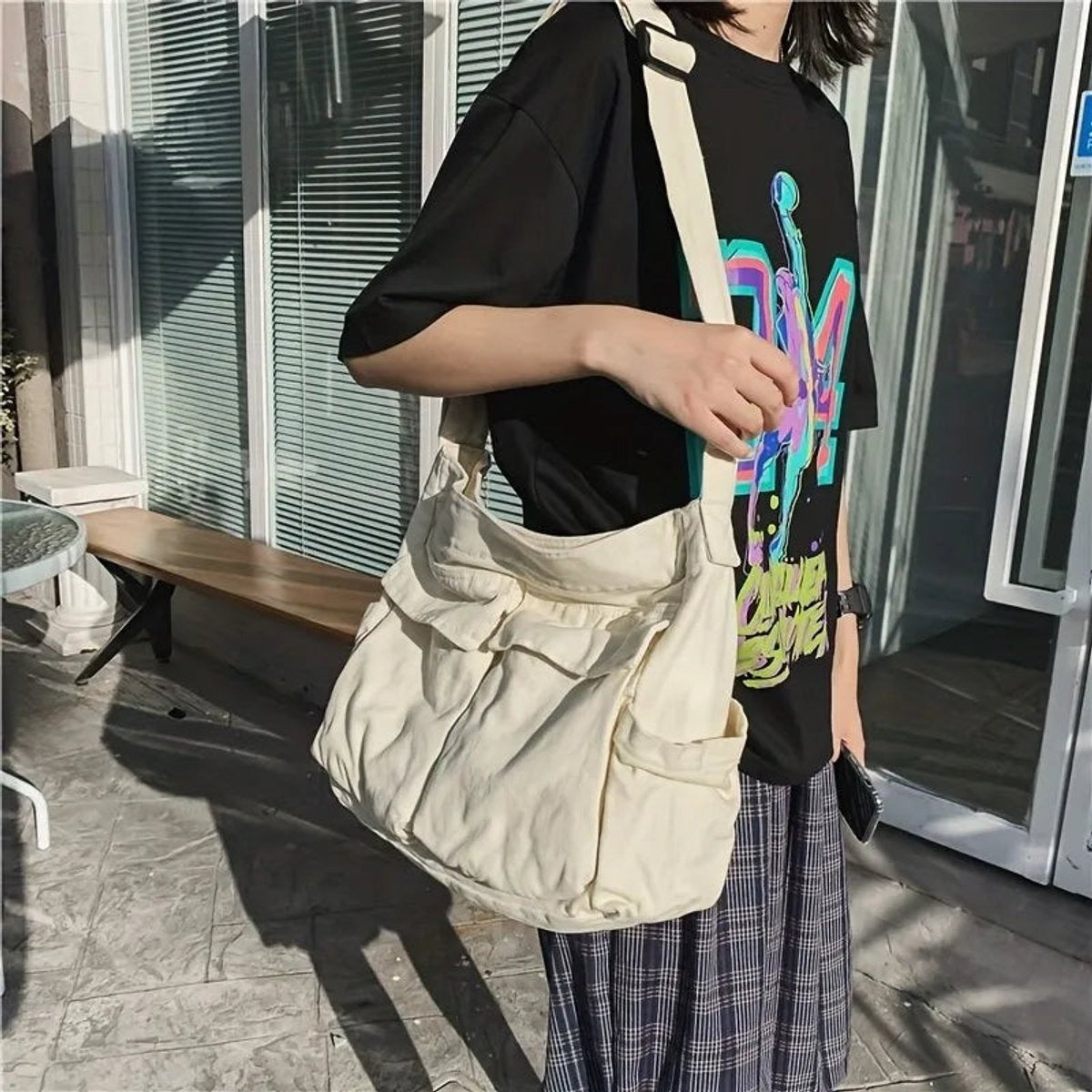 Estiloso Bolso Tote para Mujer de Lona Estilo-Vintage Con-Bolsillos