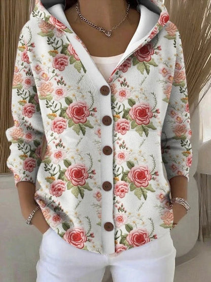 Estiloso Cárdigan con Capucha para Mujer Multicolor Con-Botones Punto-Suave