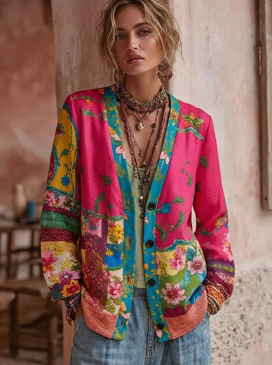 Estiloso Cárdigan de Punto para Mujer Estampado-Floral Cuello-en-V Manga-Larga