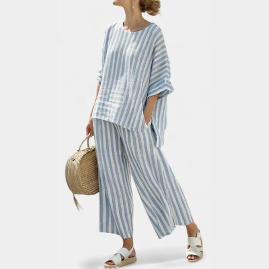 Estiloso Conjunto de Dos Piezas para Mujer De-Rayas Pantalón-Ancho