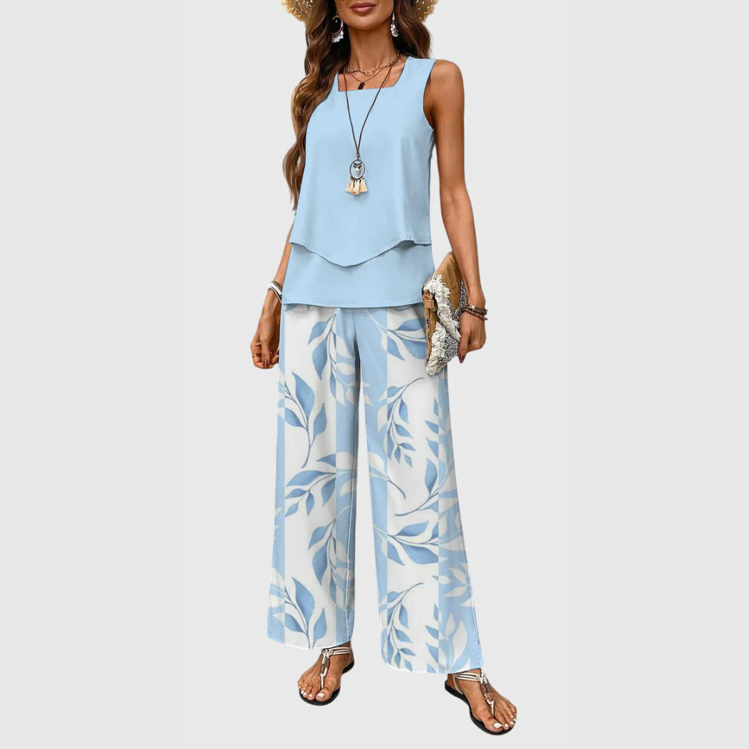 Estiloso Conjunto de Dos Piezas para Mujer Pantalón-Ancho Top-Fluido Holgado