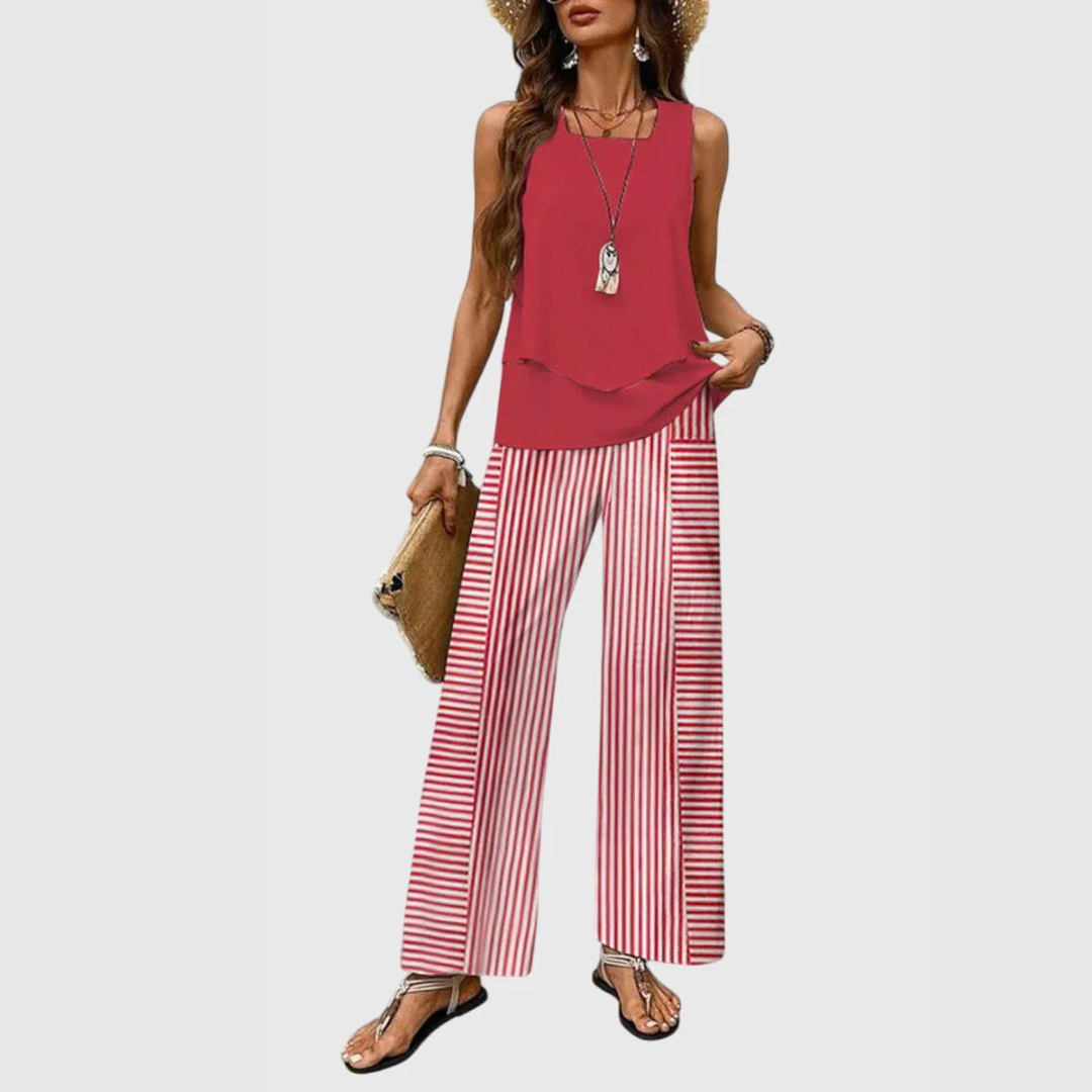 Estiloso Conjunto de Dos Piezas para Mujer Pantalón-Ancho Top-Fluido Holgado