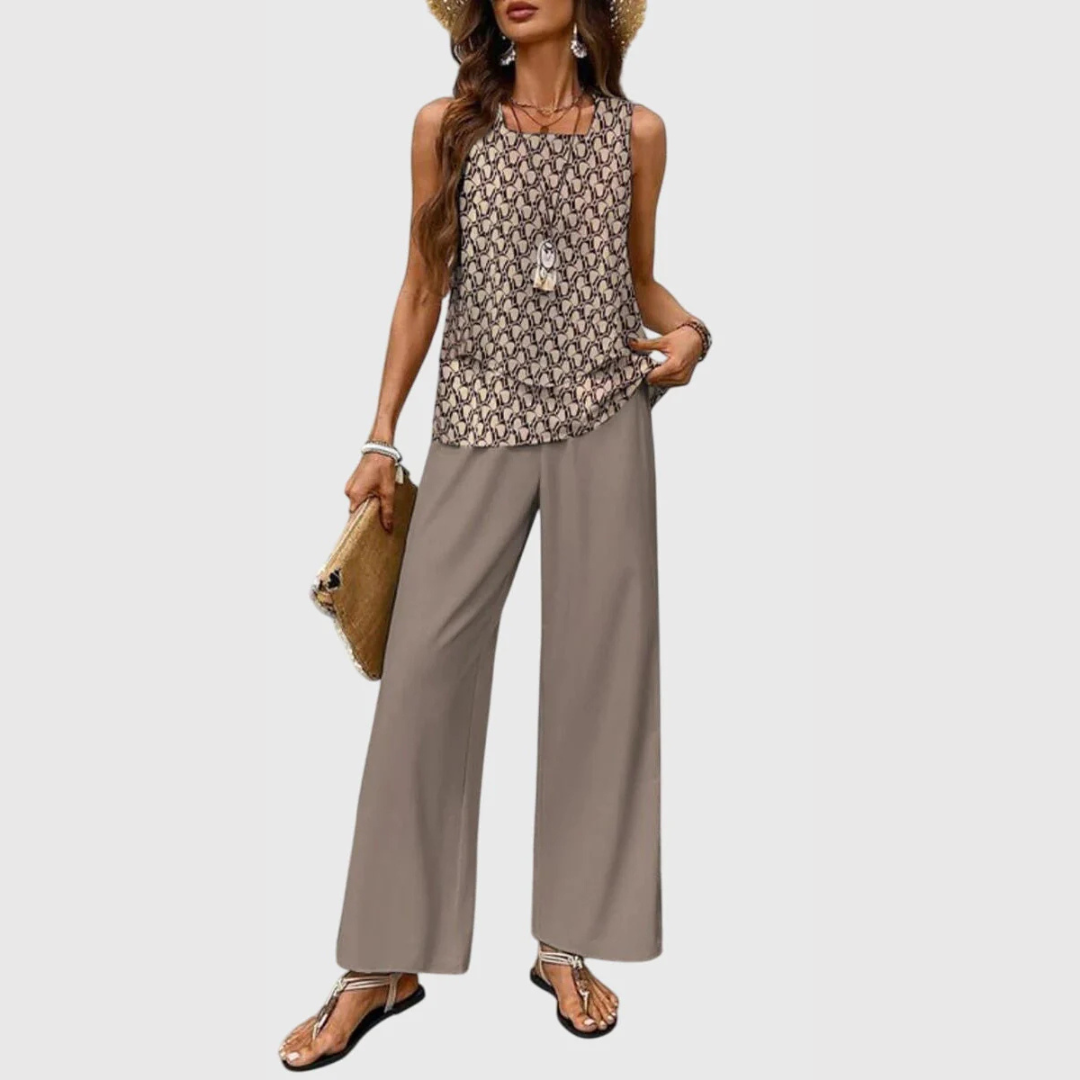 Estiloso Conjunto de Dos Piezas para Mujer Pantalón-Ancho Top-Fluido Holgado