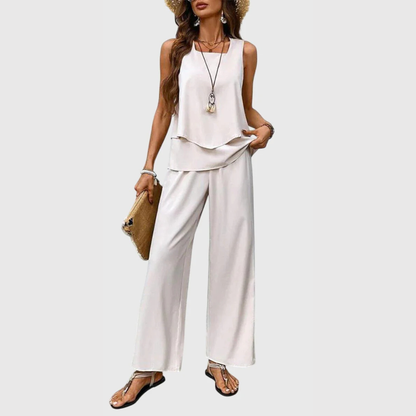 Estiloso Conjunto de Dos Piezas para Mujer Pantalón-Ancho Top-Fluido Holgado