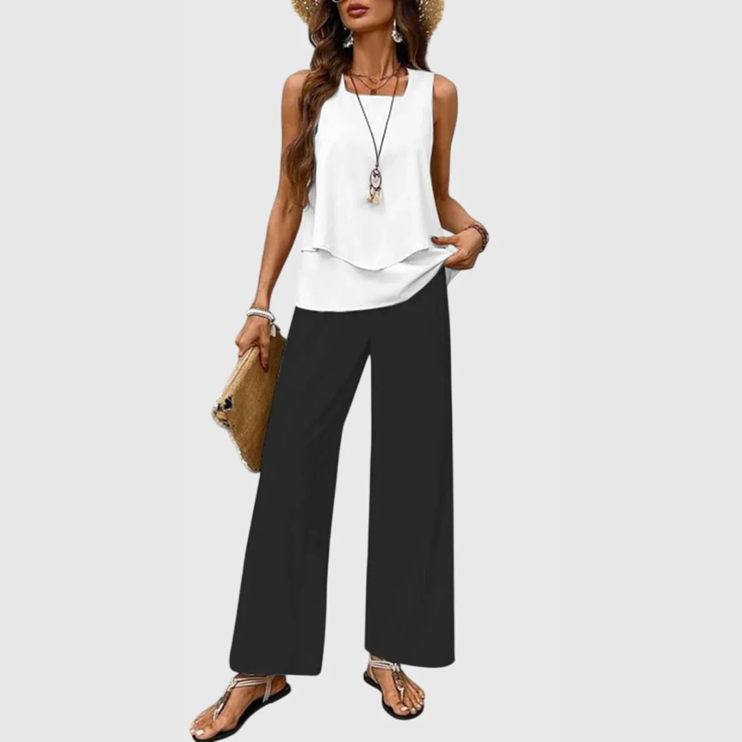 Estiloso Conjunto de Dos Piezas para Mujer Pantalón-Ancho Top-Fluido Holgado