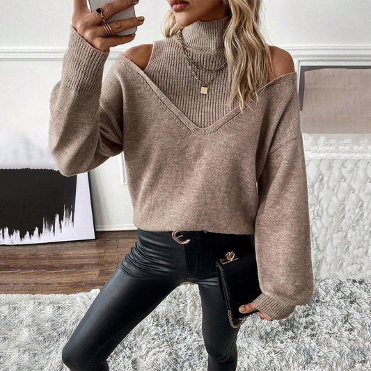 Estiloso Jersey de Punto para Mujer Hombros-Descubiertos Cuello-Vuelto Corte-Holgado