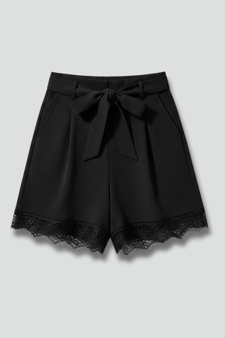 Estiloso Pantalón Corto para Mujer Cintura-Anudada Detalle-Ribeteado Corte-Fluido