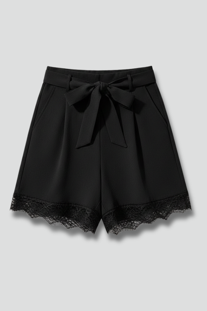 Estiloso Pantalón Corto para Mujer Cintura-Anudada Detalle-Ribeteado Corte-Fluido