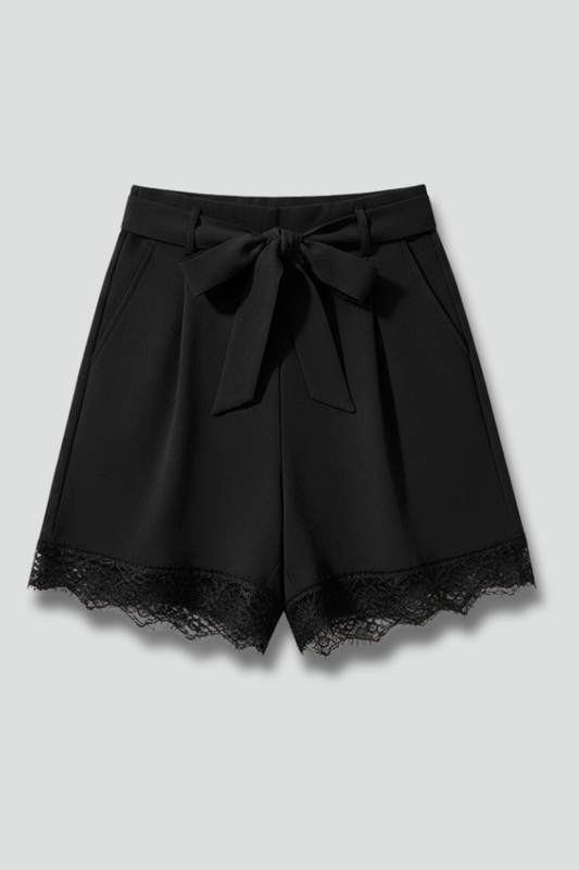 Estiloso Pantalón Corto para Mujer Cintura-Anudada Detalle-Ribeteado Corte-Fluido