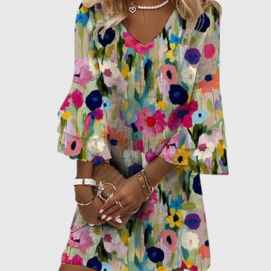 Estiloso Vestido Corto para Mujer Estampado-Floral Cuello-en-V Holgado