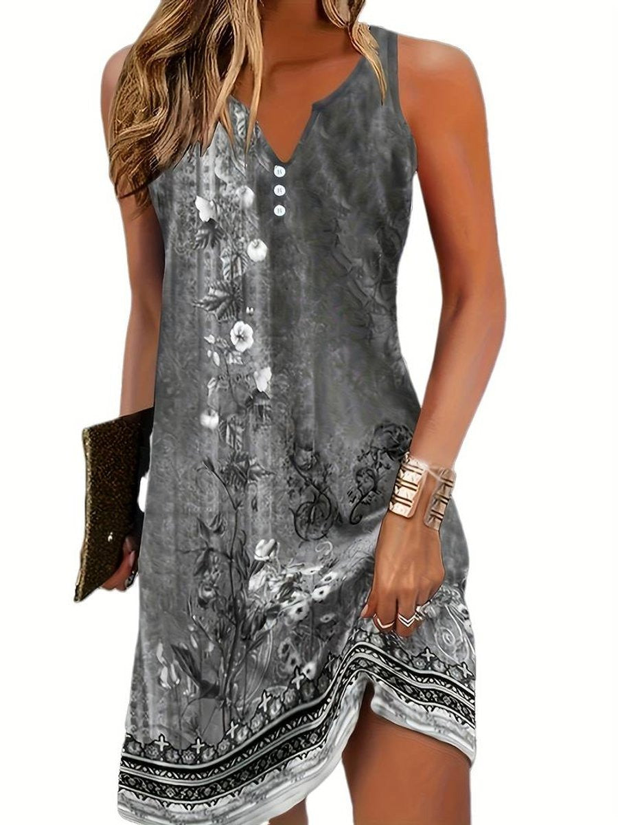 Estiloso Vestido Corto para Mujer Sin-Mangas Cuello-Pico Estampado-Artístico
