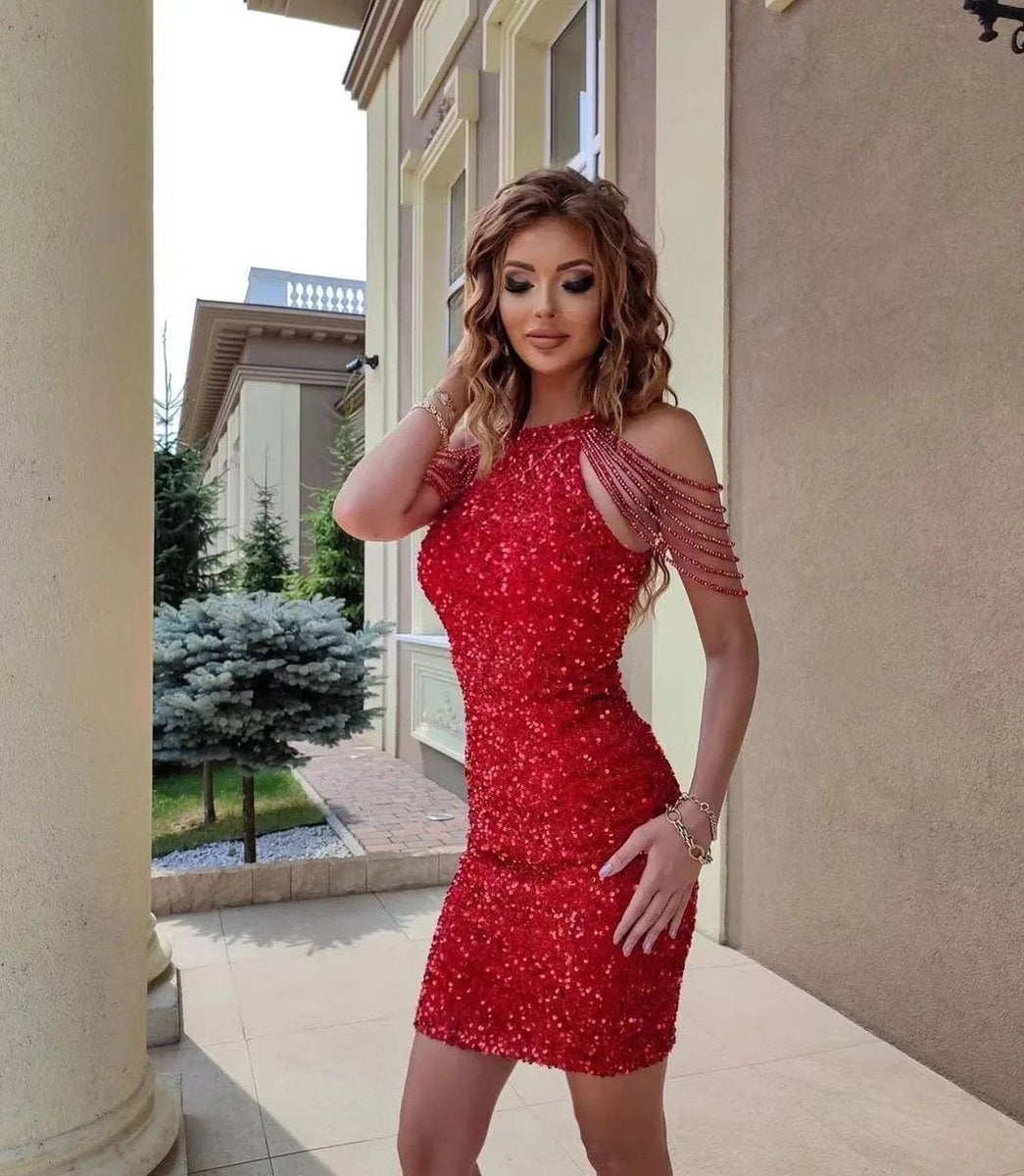 Estiloso Vestido de Fiesta para Mujer Sin-Mangas De-Lentejuelas Ajustado