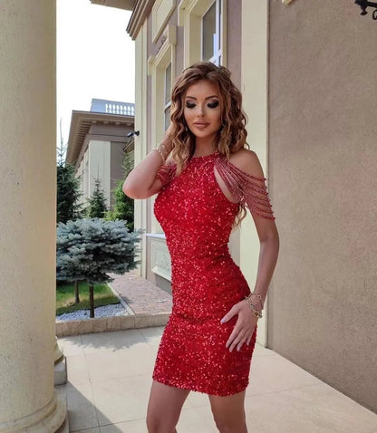 Estiloso Vestido de Fiesta para Mujer Sin-Mangas De-Lentejuelas Ajustado
