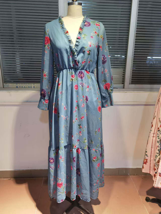 Estiloso Vestido Largo Boho para Mujer Con-Volantes Fluido Estampado