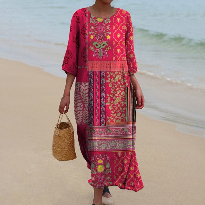 Estiloso Vestido Largo para Mujer Estampado-Étnico Estilo-Boho Corte-Fluido