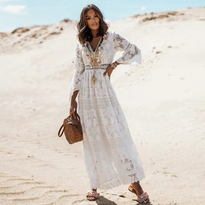 Estiloso Vestido Largo para Mujer Estilo-Boho Manga-Larga Corte-Fluido