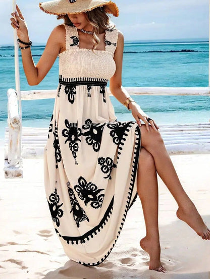Estiloso Vestido Largo para Mujer Sin-Mangas Estampado-Floral Estilo-Boho